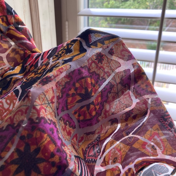 Linen-blend orange three quarter sleeve sheer blouse - Picture 3 of 6